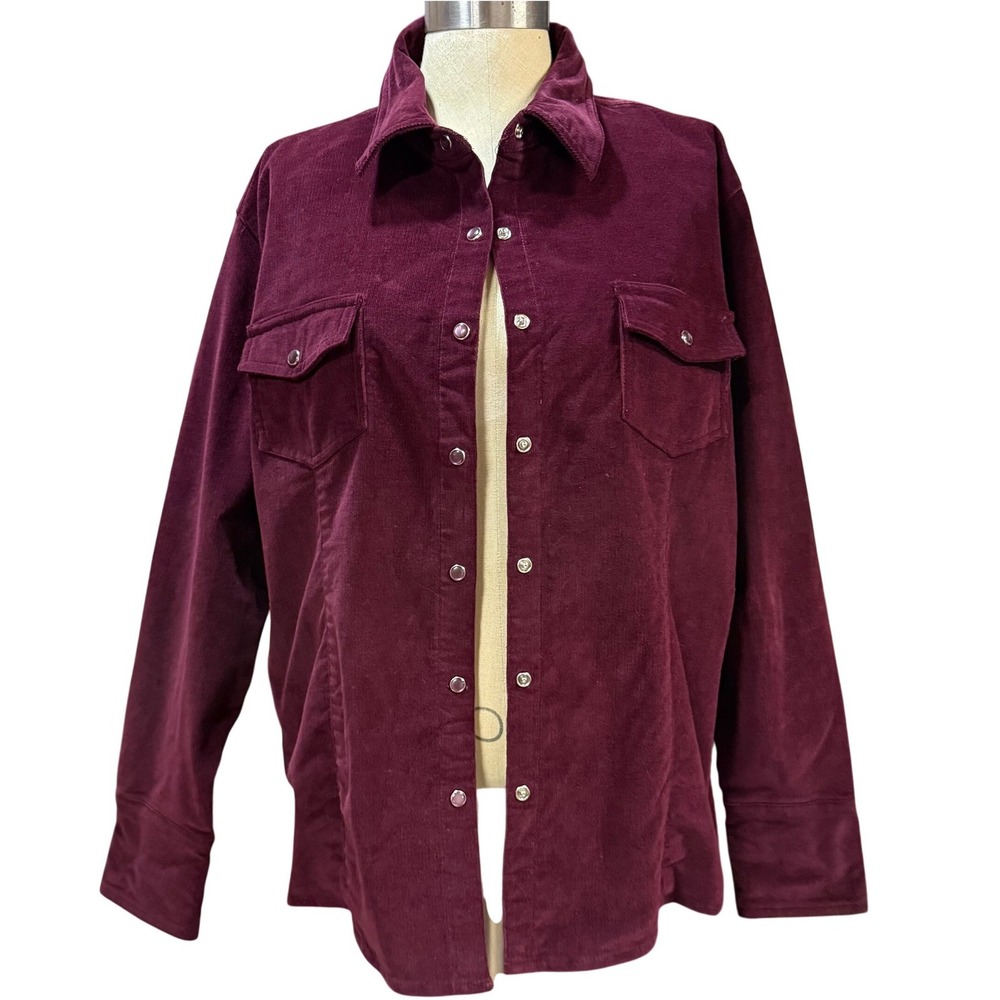 Baileys Point 1X Burgundy Corduroy Snap Front Western Shirt Jacket Chore Cowgirl